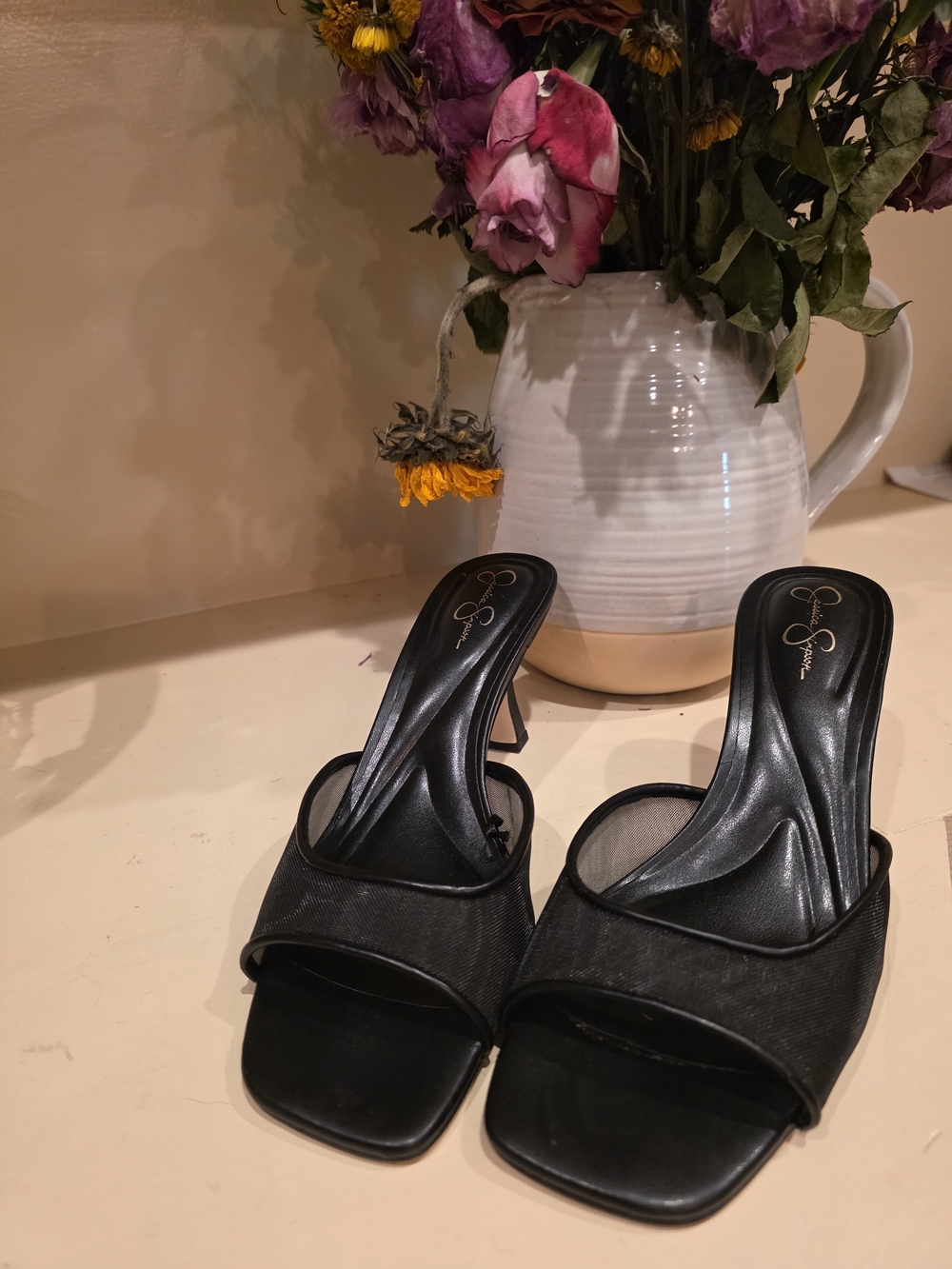 Jessica Simpson Black Square-Toe Slide Mules Kitten Heel